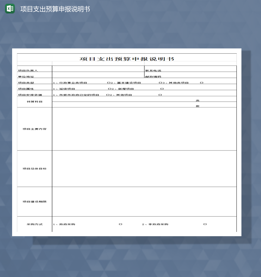 项目支出预算申报说明书Excel 模板