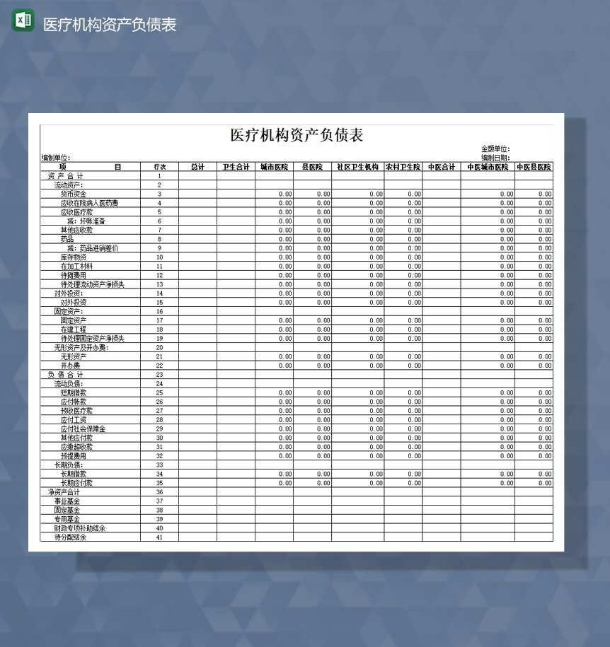 医疗机构资产负债财务统计报表Excel模板