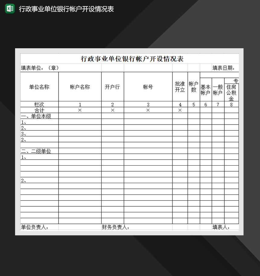 行政事业单位银行帐户开设情况表Excel模板