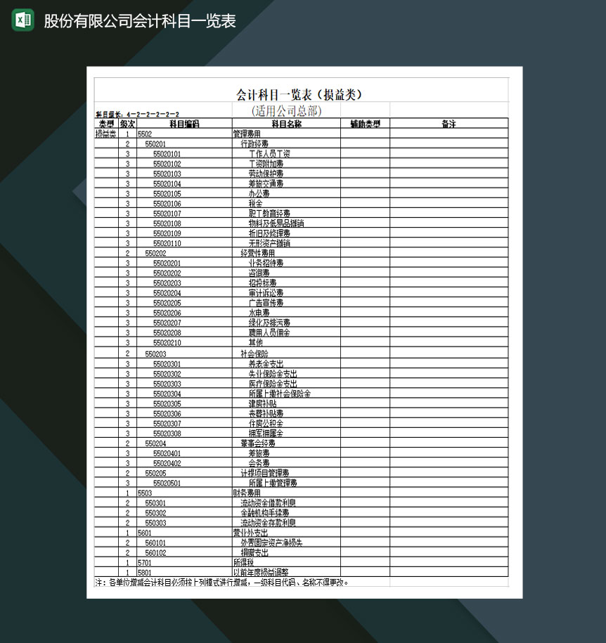 股份有限公司财务会计科目一览表Excel模板