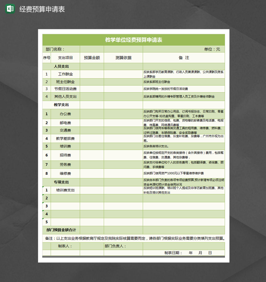 教学单位经费预算申请表Excel模板
