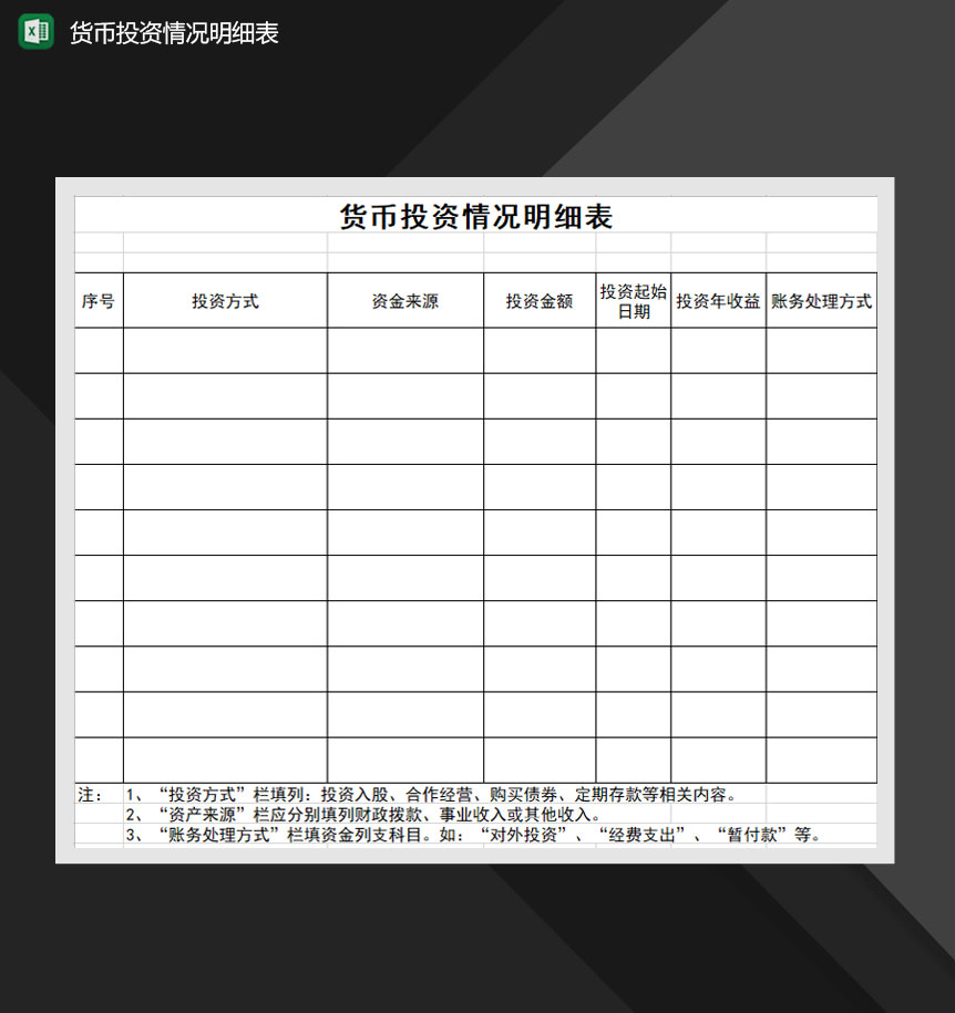货币投资情况明细表Excel模板