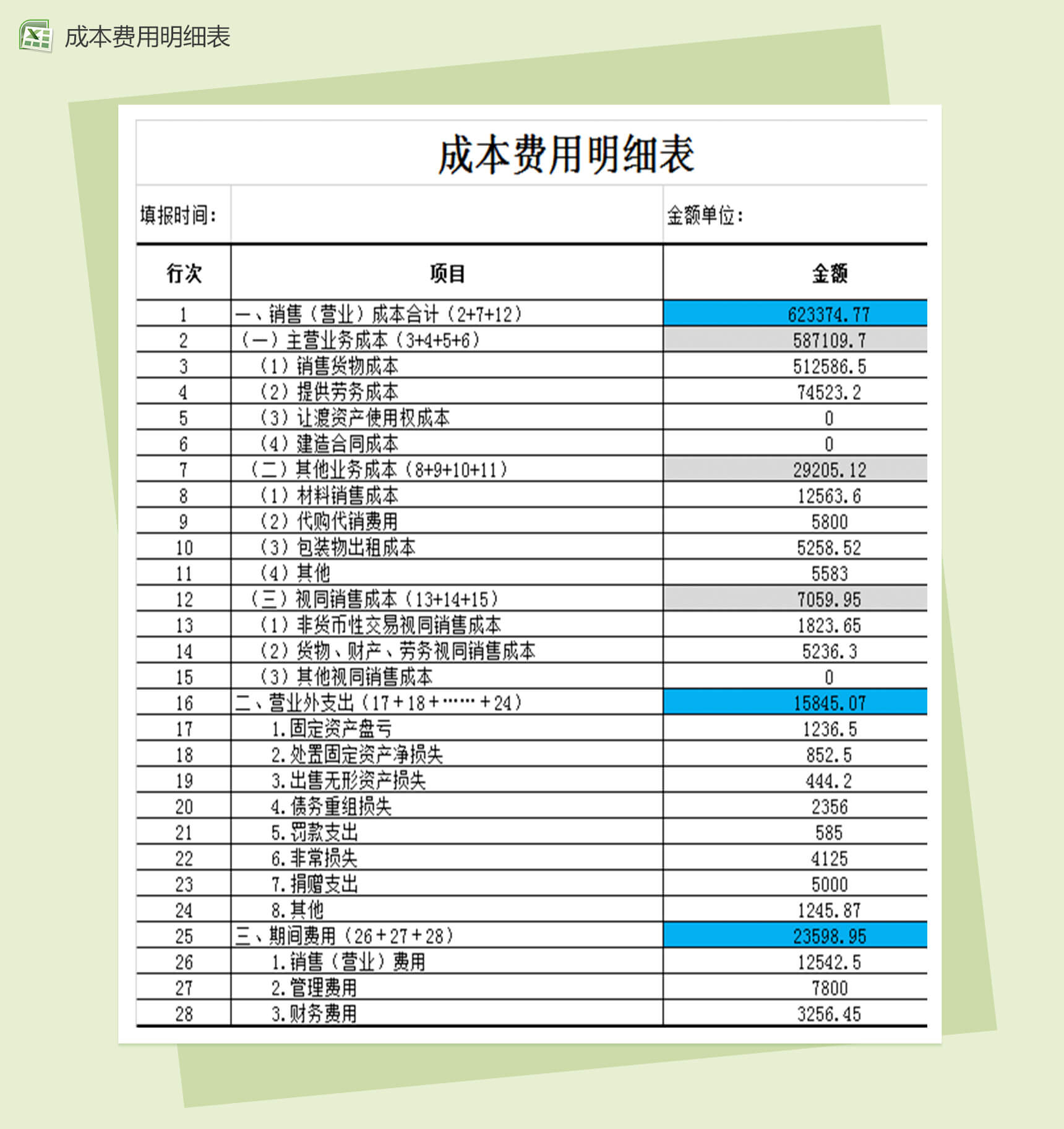 成本费用明细会计财务报表excel表格模板