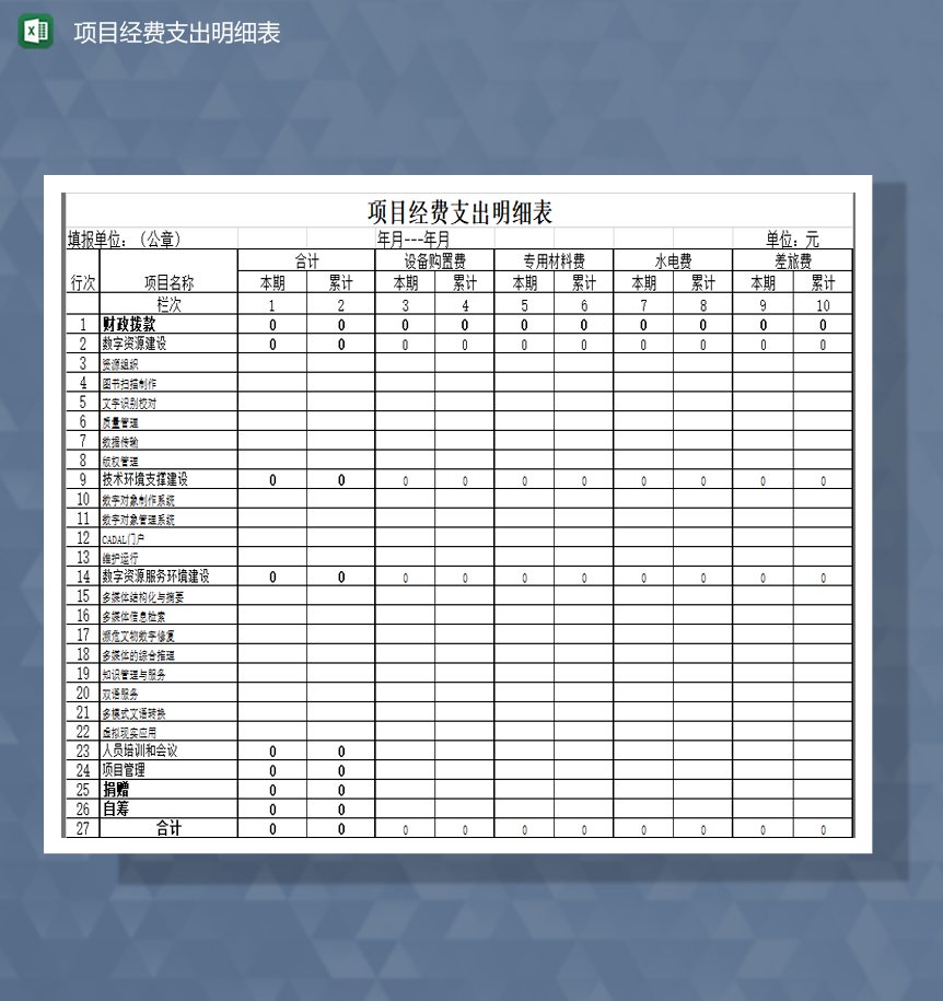 公司项目经费支出明细表财务报表Excel模板
