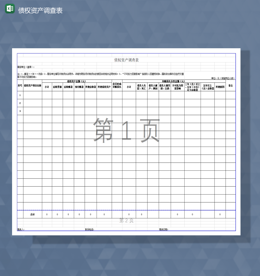 债权资产债务财务详情调查表Excel模板