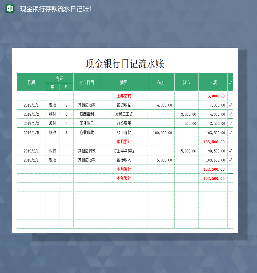 银行资金投资收入现金收支流水账表Excel模板