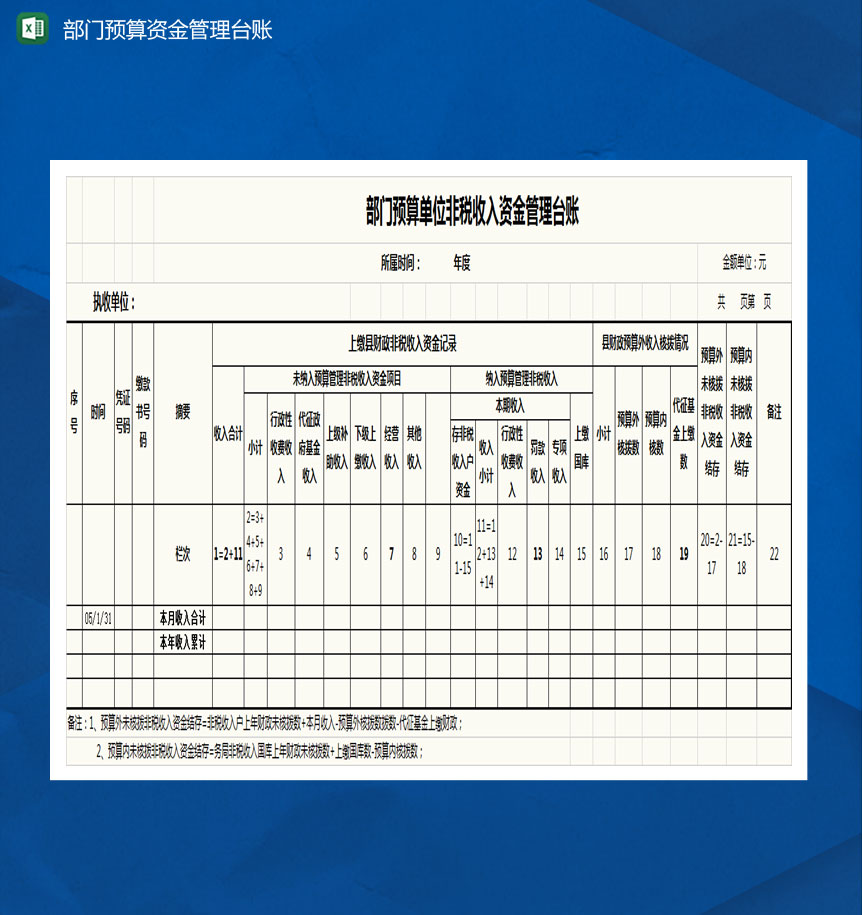 部门预算单位非税收入资金管理台账Excel模板