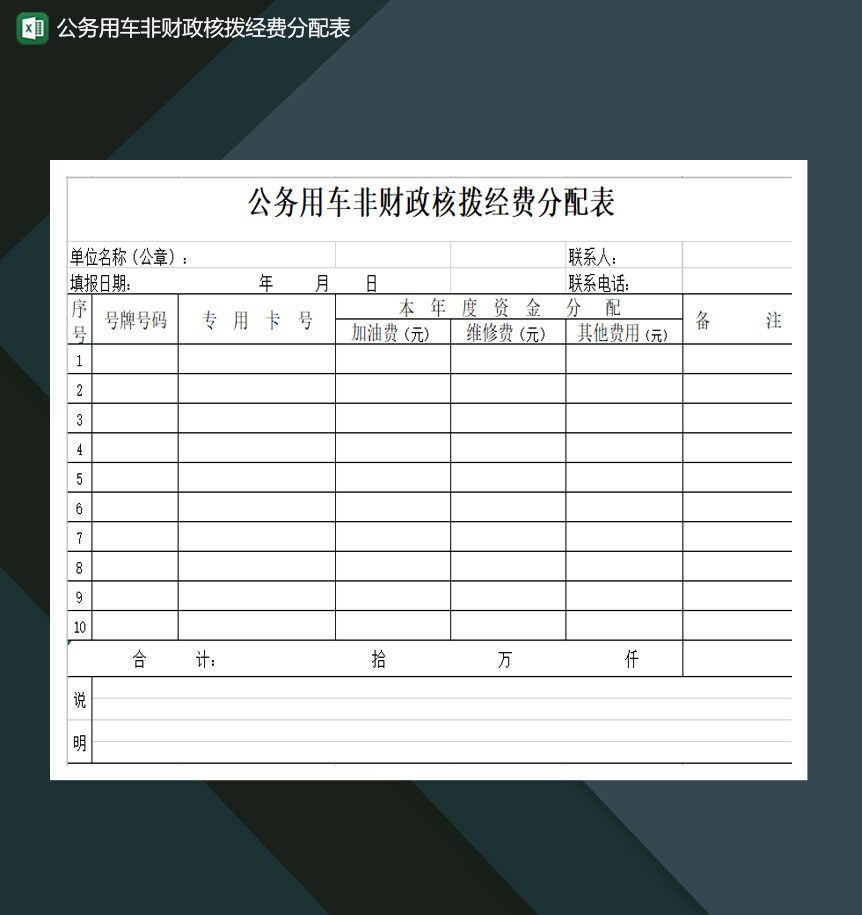 公务用车非财政核拨经费分配表Excel模板