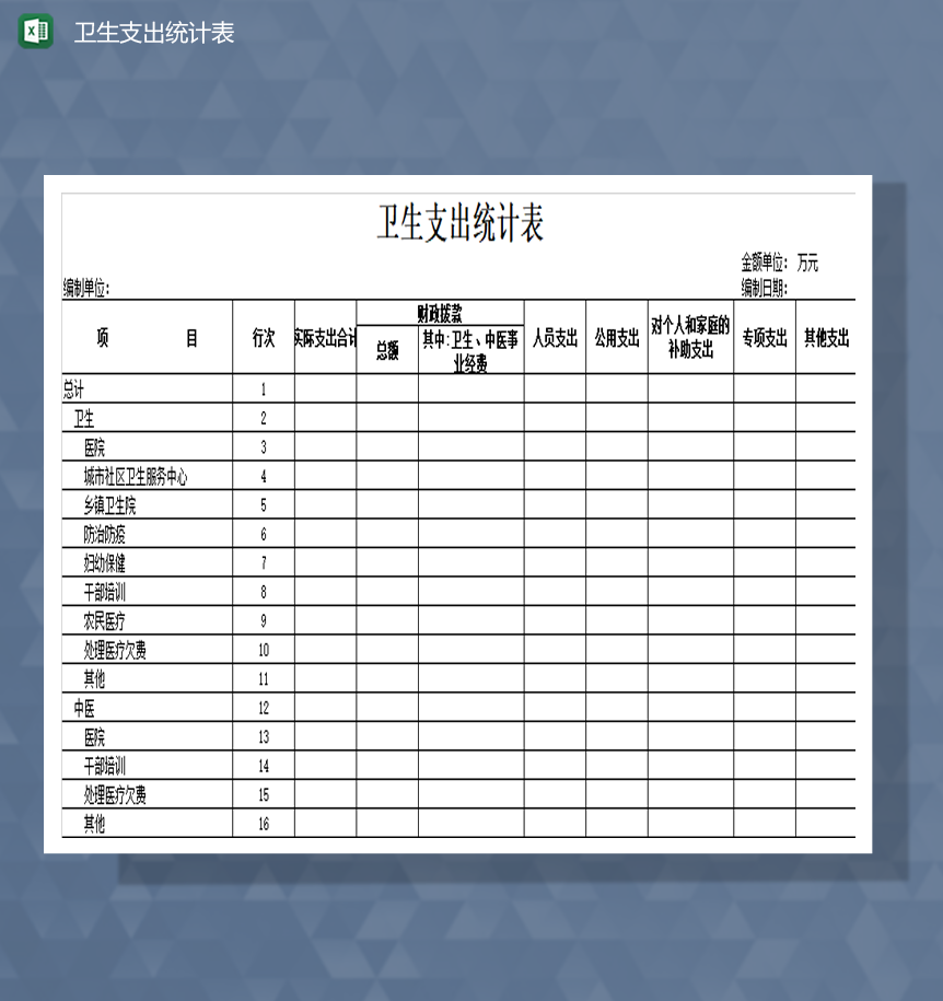 卫生机构财政支出明细表Excel模板