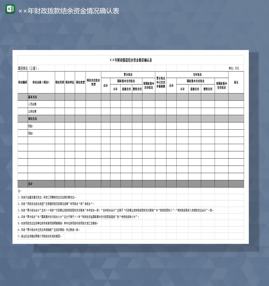 2020年财政拨款结余资金情况确认表Excel模板