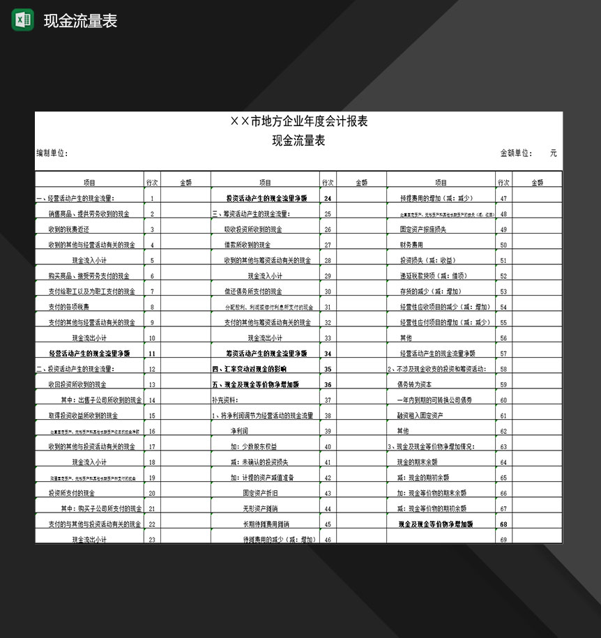 XX市地方企业年度会计表现金流量表Excel模板