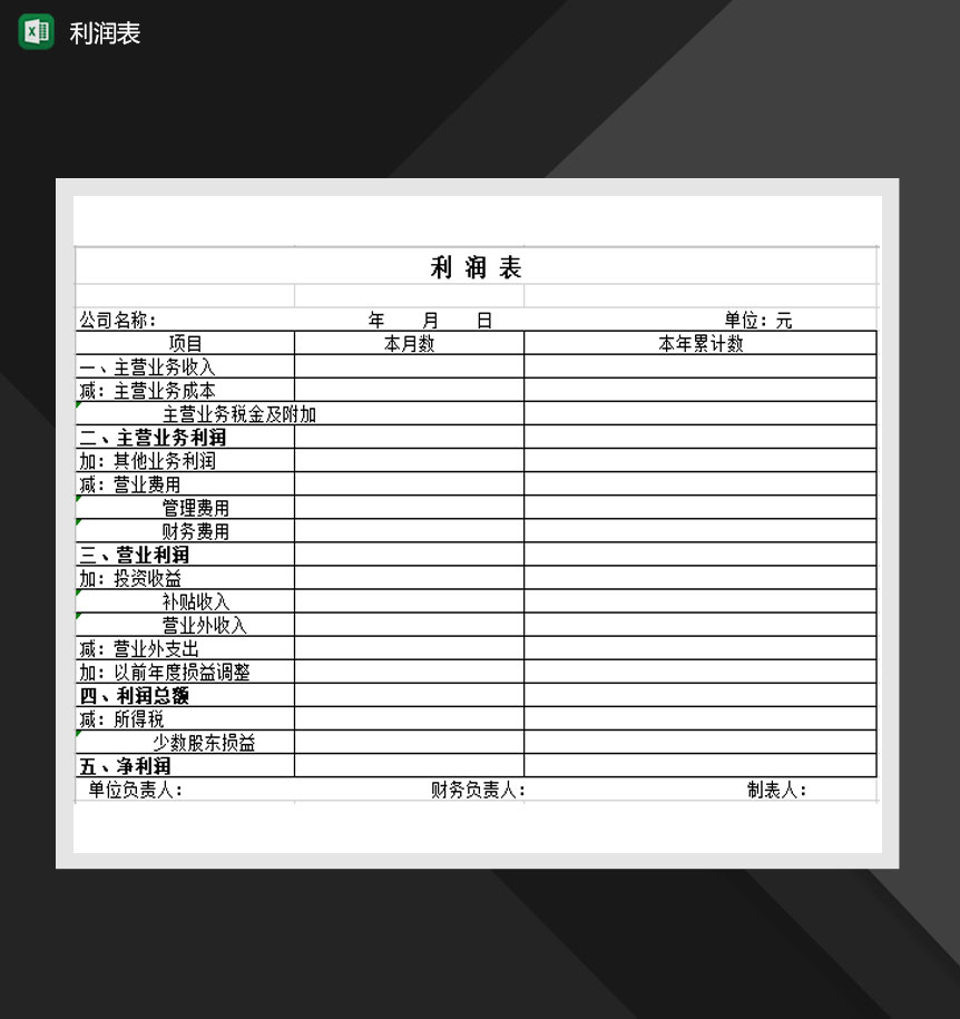 公司主营业务利润报表Excel模板