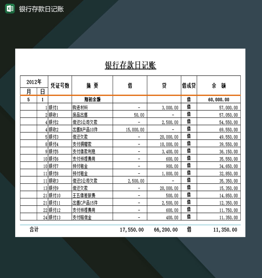 小康家庭银行存款日记账Excel模板