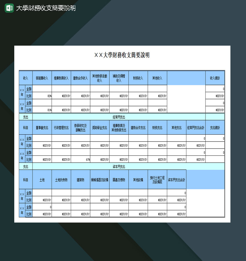 大学财务收支简要说明Excel模板