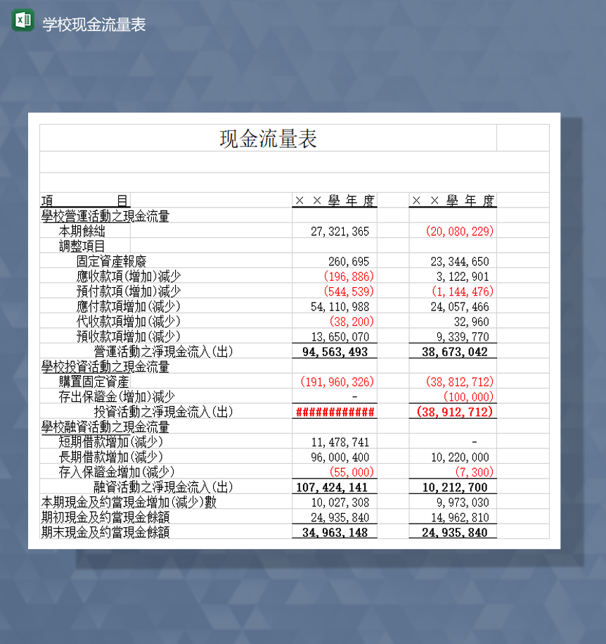 学校资产收支财务报表现金流量表Excel模板