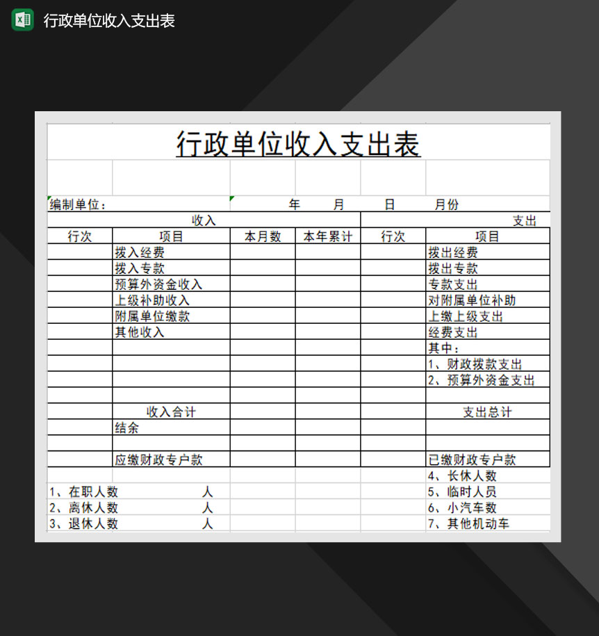 行政单位财务收入支出表Excel模板