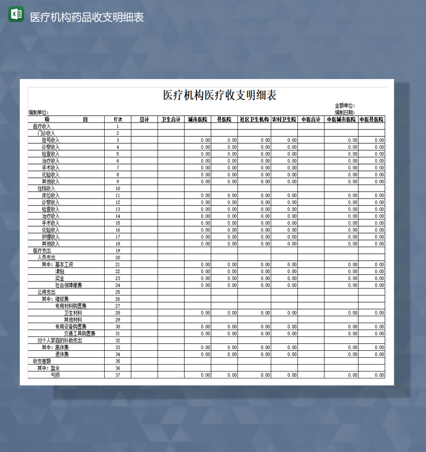 医疗机构财务收支资产明细表Excel模板