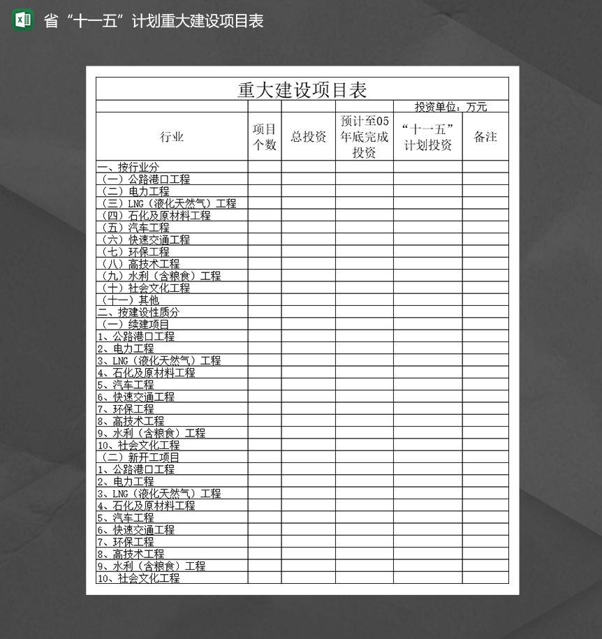 重大建设项目投资记录详情表Excel模板