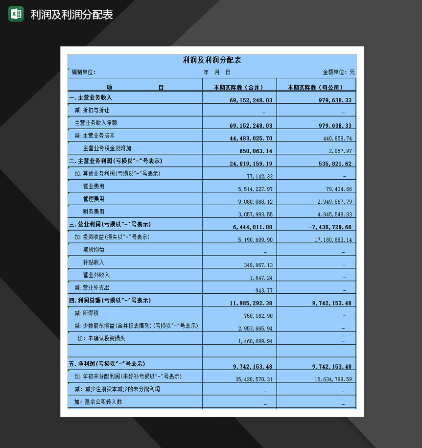 利润及利润分配表Excel模板