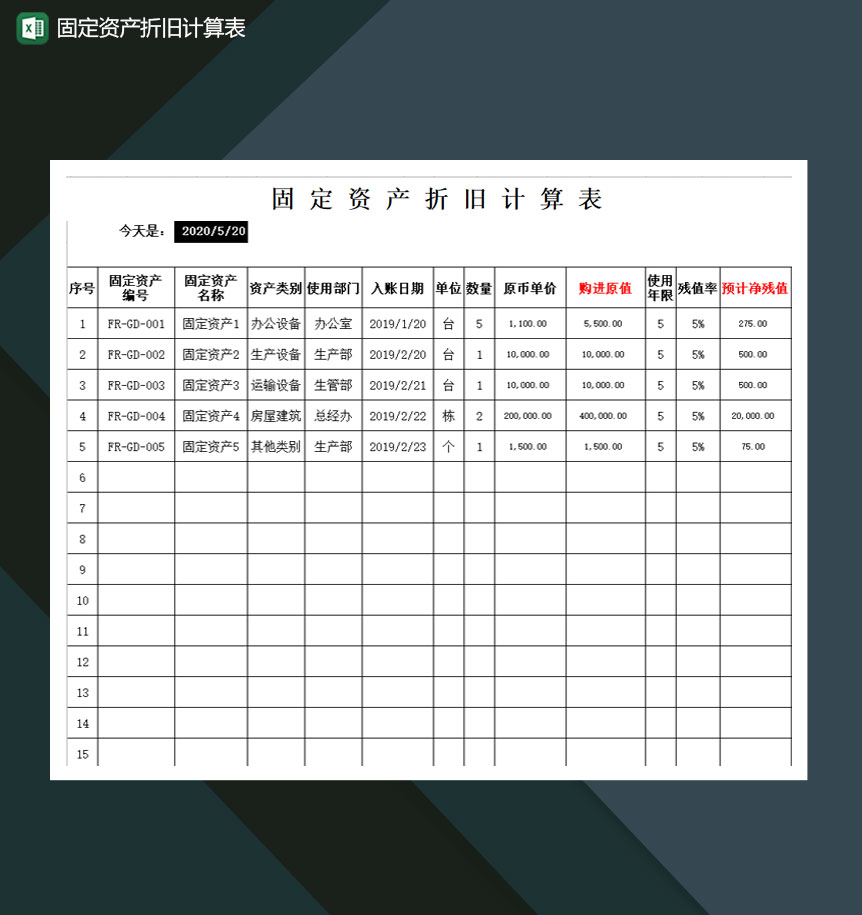 固定资产折旧公式自动计算表Excel模板