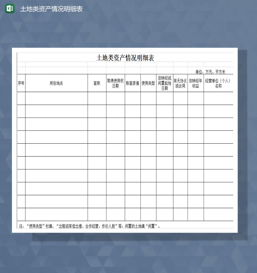 土地类资产情况明细表Excel模板