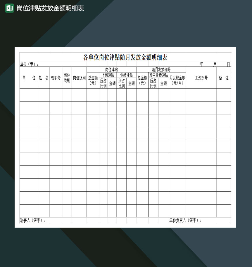公司单位岗位津贴随月发放金额明细表Excel模板