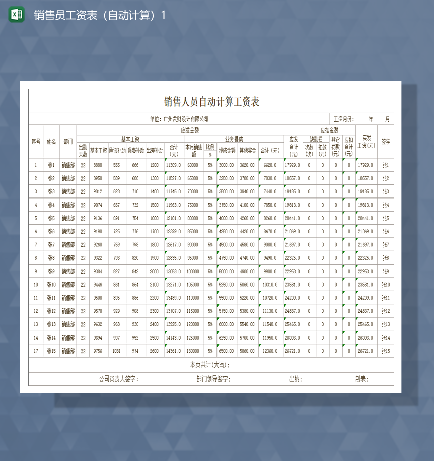 财务报表销售员工资表自动计算Excel模板