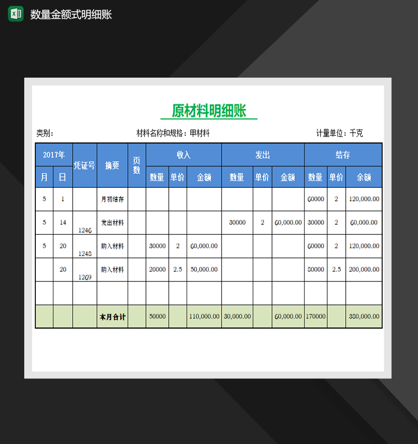 原材料数量金额式明细账财务管理表格制作Excel模板