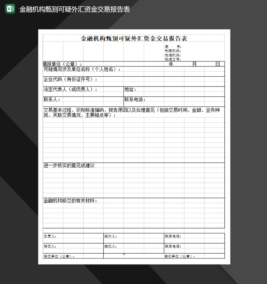 金融机构甄别可疑外汇资金交易报告表Excel模板