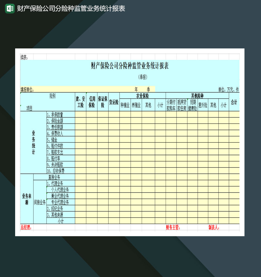 财产保险公司分险种监管业务统计报表Excel模板