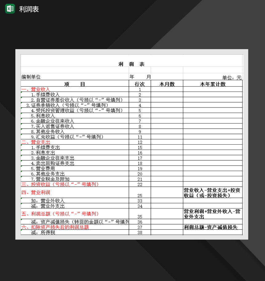 营业收入利润财务报表Excel模板