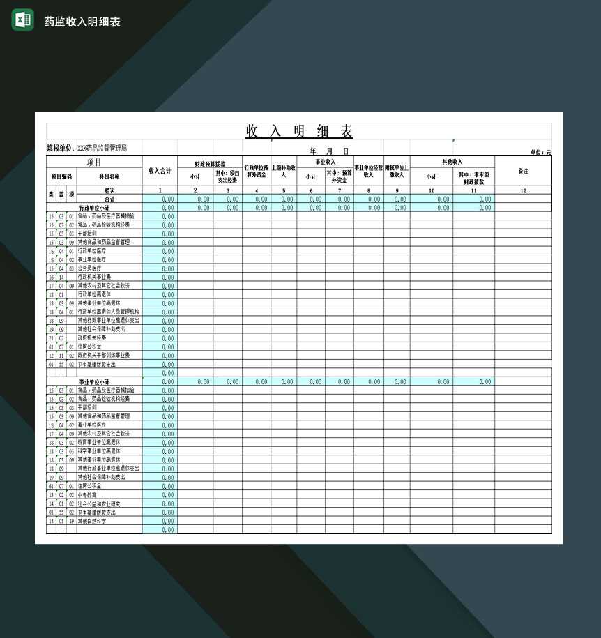 关于药监收入明细表Excel模板