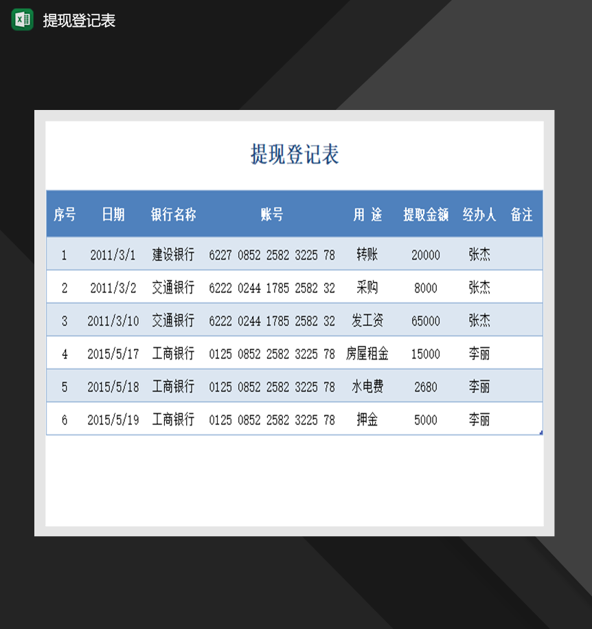xx公司提现登记表财务管理表格制作Excel模板
