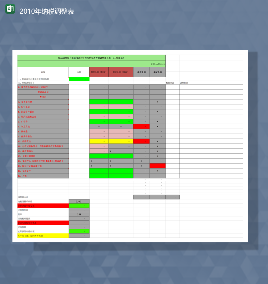 有限公司2020年度应纳税所得额调整计算表工作底稿Excel模板