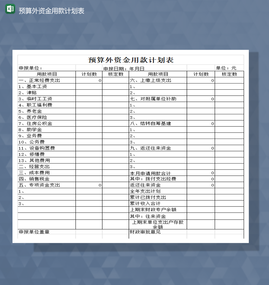财务决算资产预算外资金用款计划表Excel模板