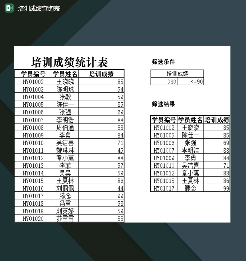 培训机构学员培训成绩查询表格Excel模板
