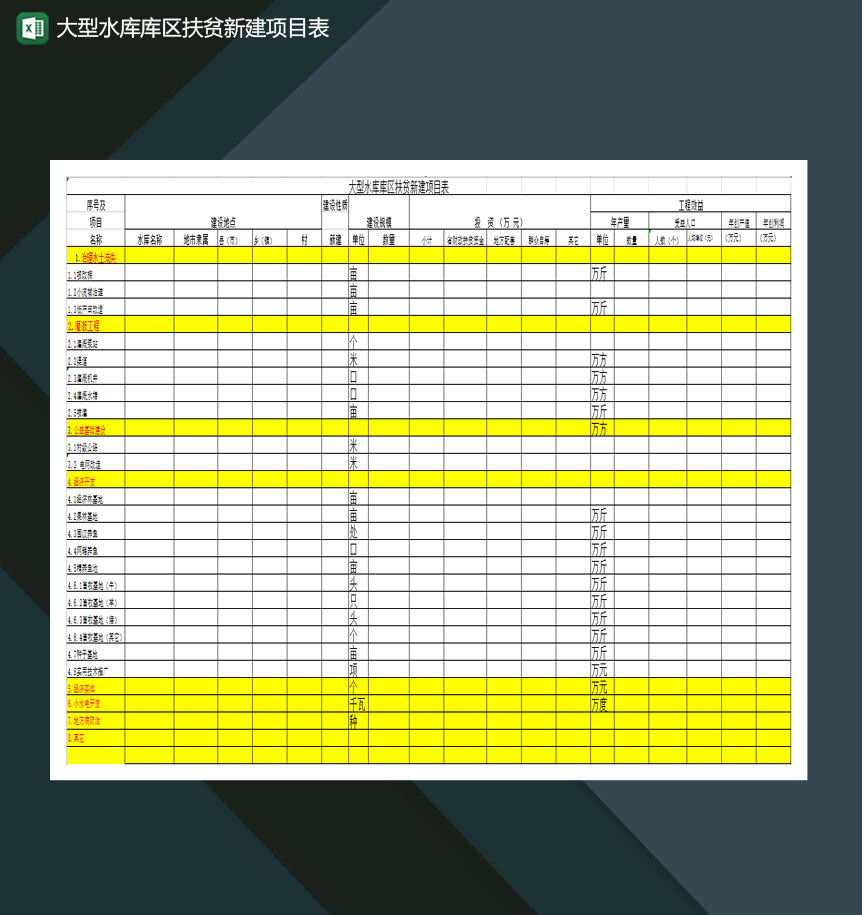 大型水库库区扶贫新建项目表Excel模板