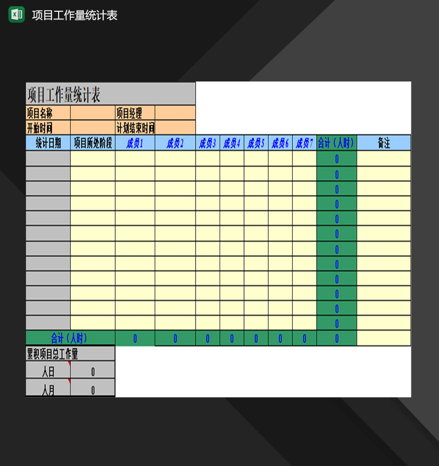 企业公司项目工作量统计表Excel模板