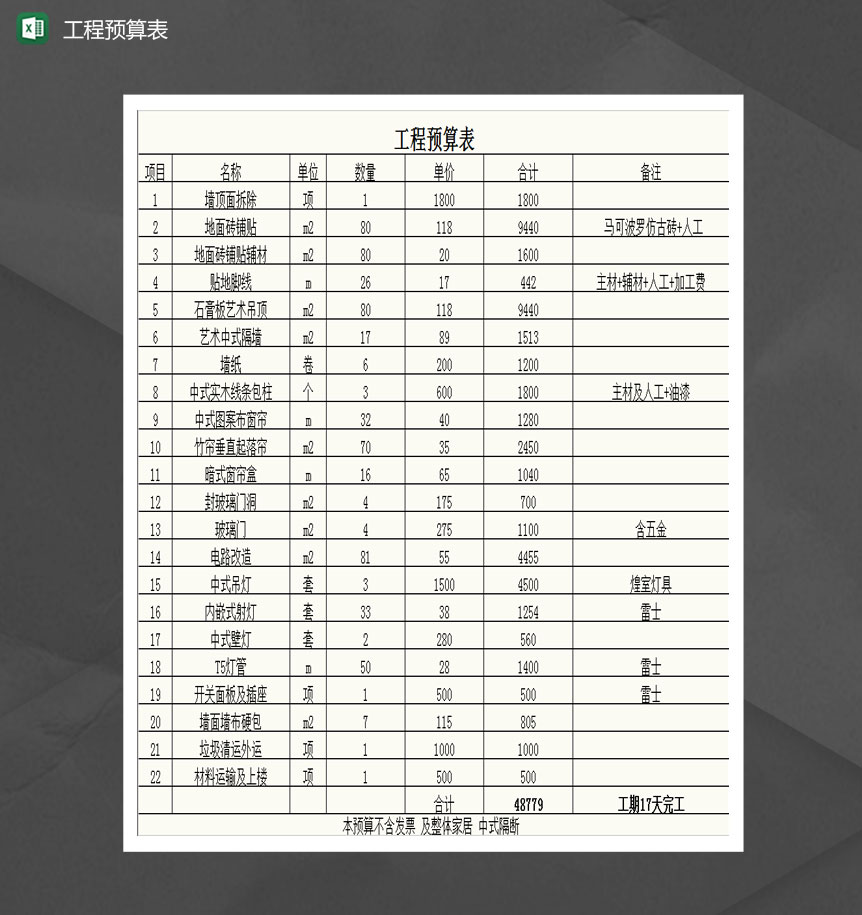 带公式工程项目预算表Excel模板