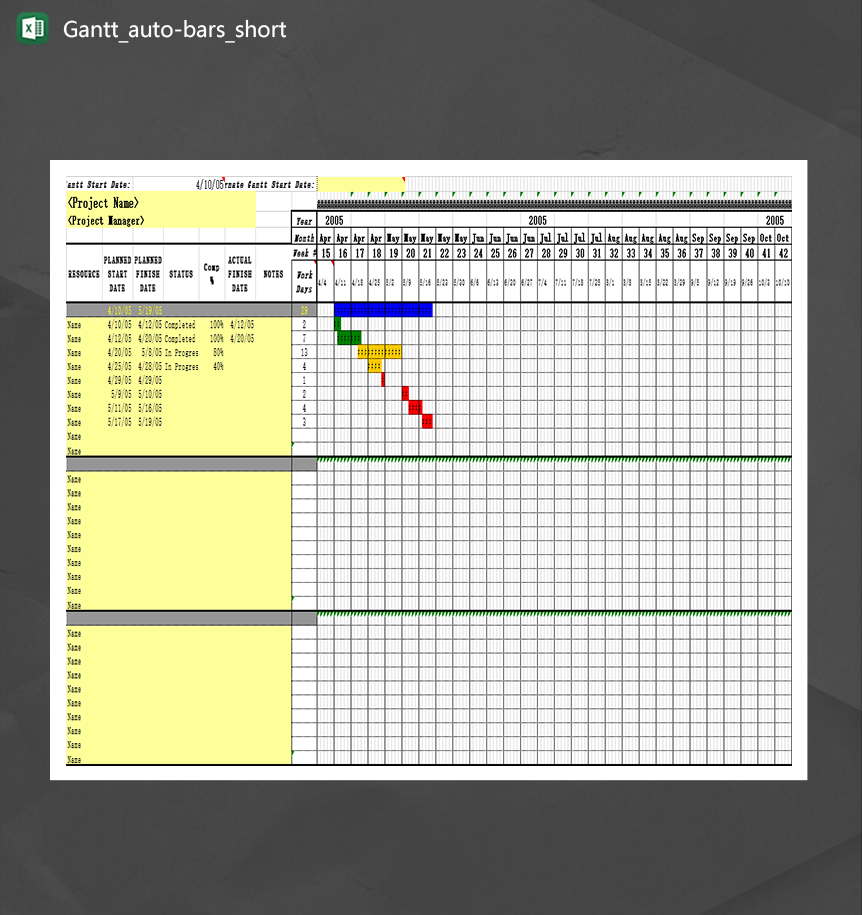 英文版本任务进度计划甘特图Gantt auto bars shortExcel模板