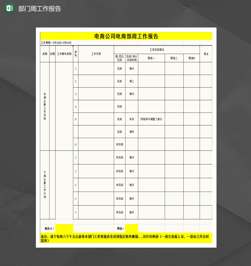 电商公司员工周工作报告Excel模版-1