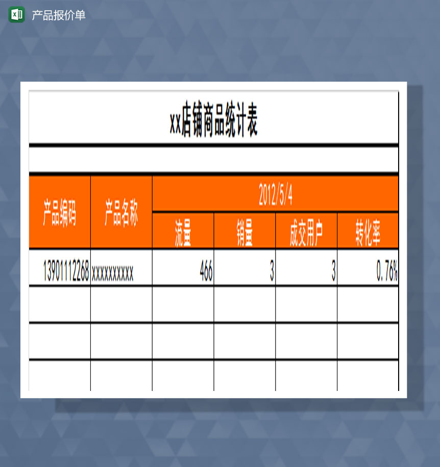 店铺产品信息表Excel模板