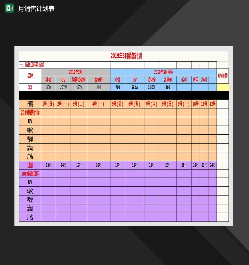 旗舰店月运营计划表Excel模板