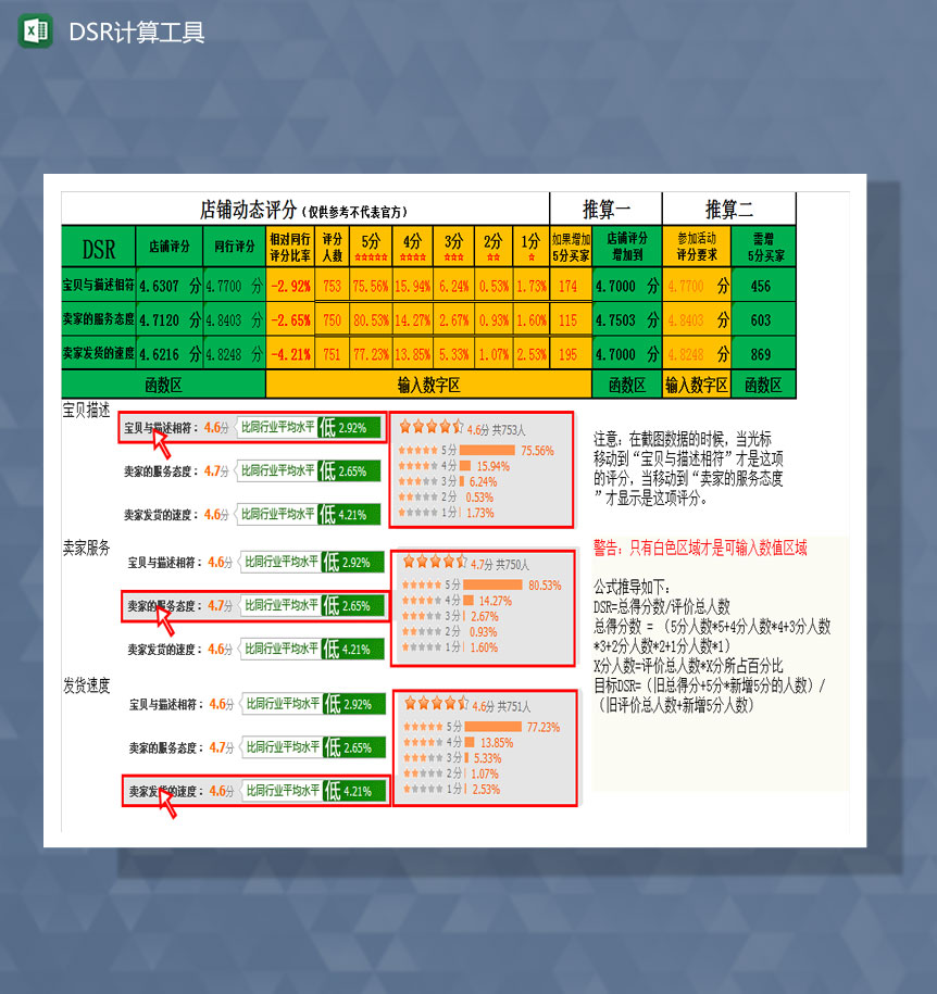 店铺评分DSR计算工具Excel模板