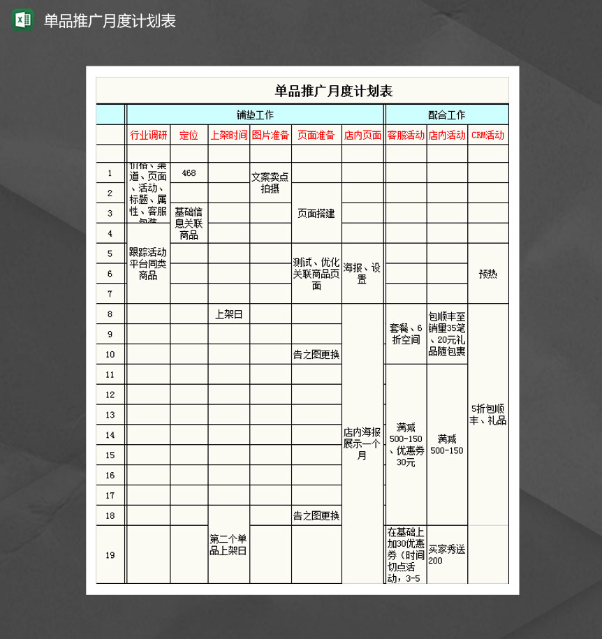 单品推广月度计划推进表Excel模板