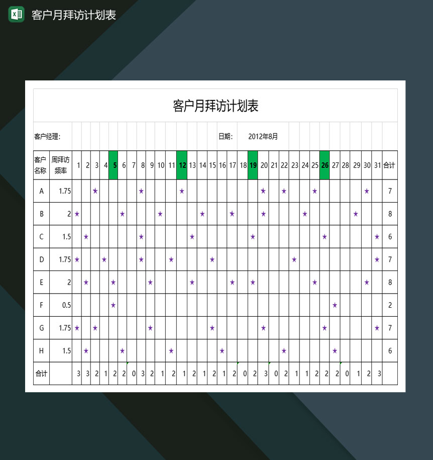 中小型企业客户月拜访计划表Excel模板