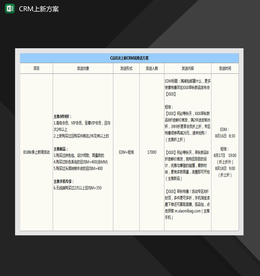 淘宝C店818上新CRM端方案Excel模板