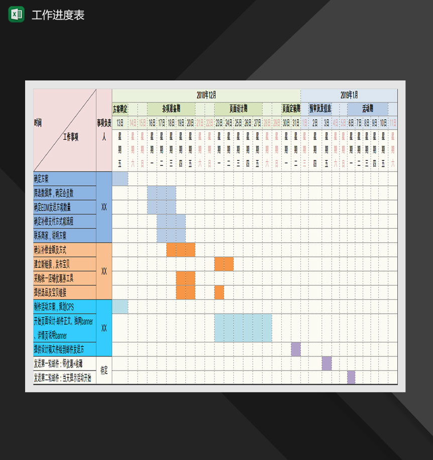 电商运营推广工作进度表Excel模版