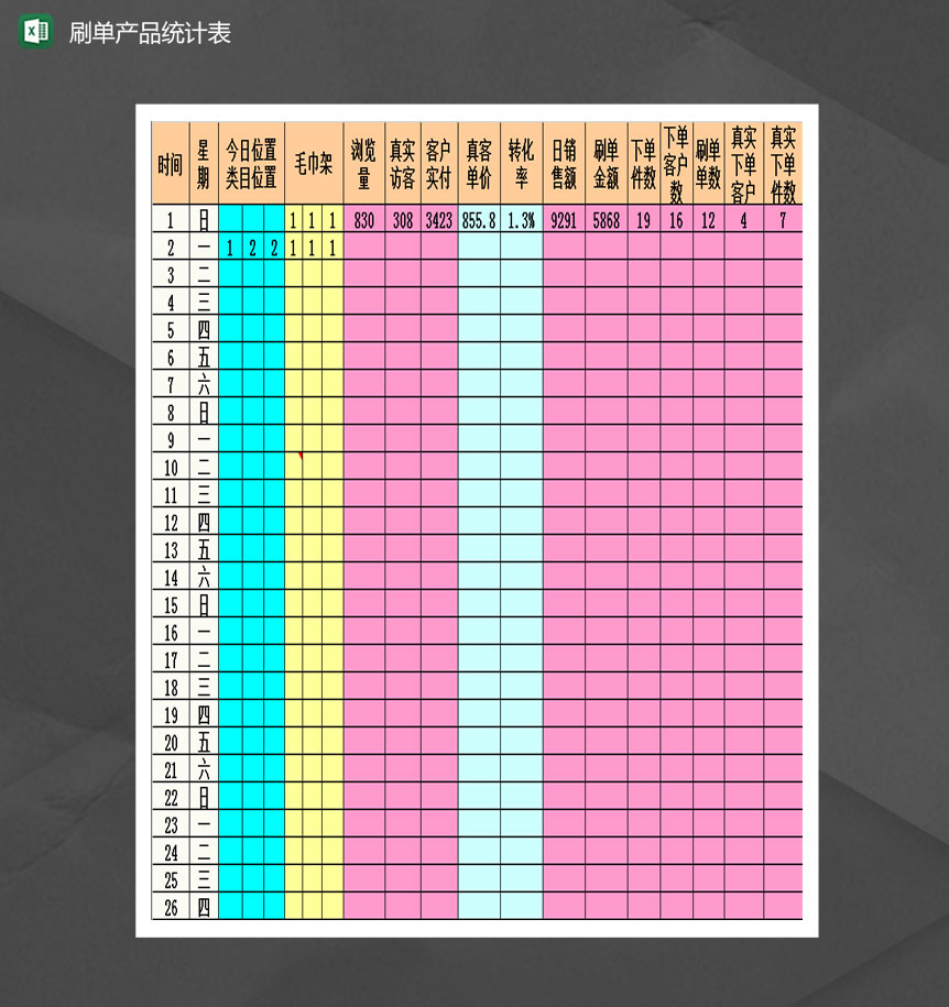 淘宝刷单产品统计表Excel模板