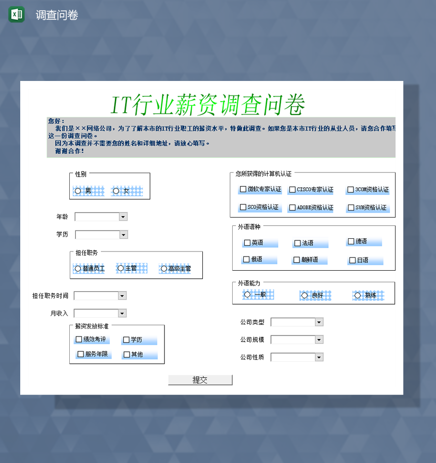IT行业薪资调查问卷详情表Excel模板